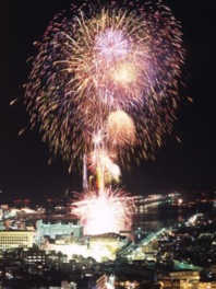 色とりどりの花火が港の夜をにぎやかに染める