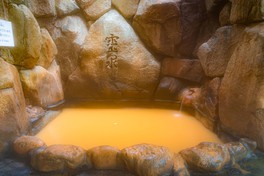 岩風呂は湯の中の鉄分が酸化しており、濃い赤茶色だ